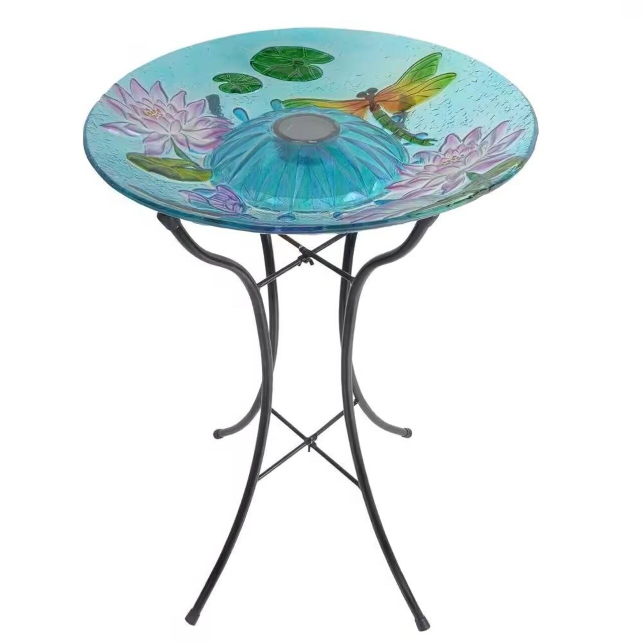 Decorative Glass Bird Bath with Solar Powered LED Light and Metal Stand for Garden Patio